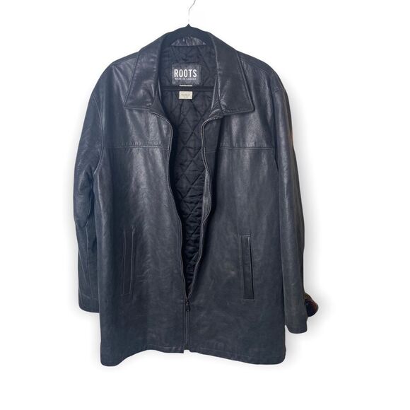 Roots “Richard” Leather Car Coat Vintage Black Treated size L Zip Front Y - Picture 16 of 16